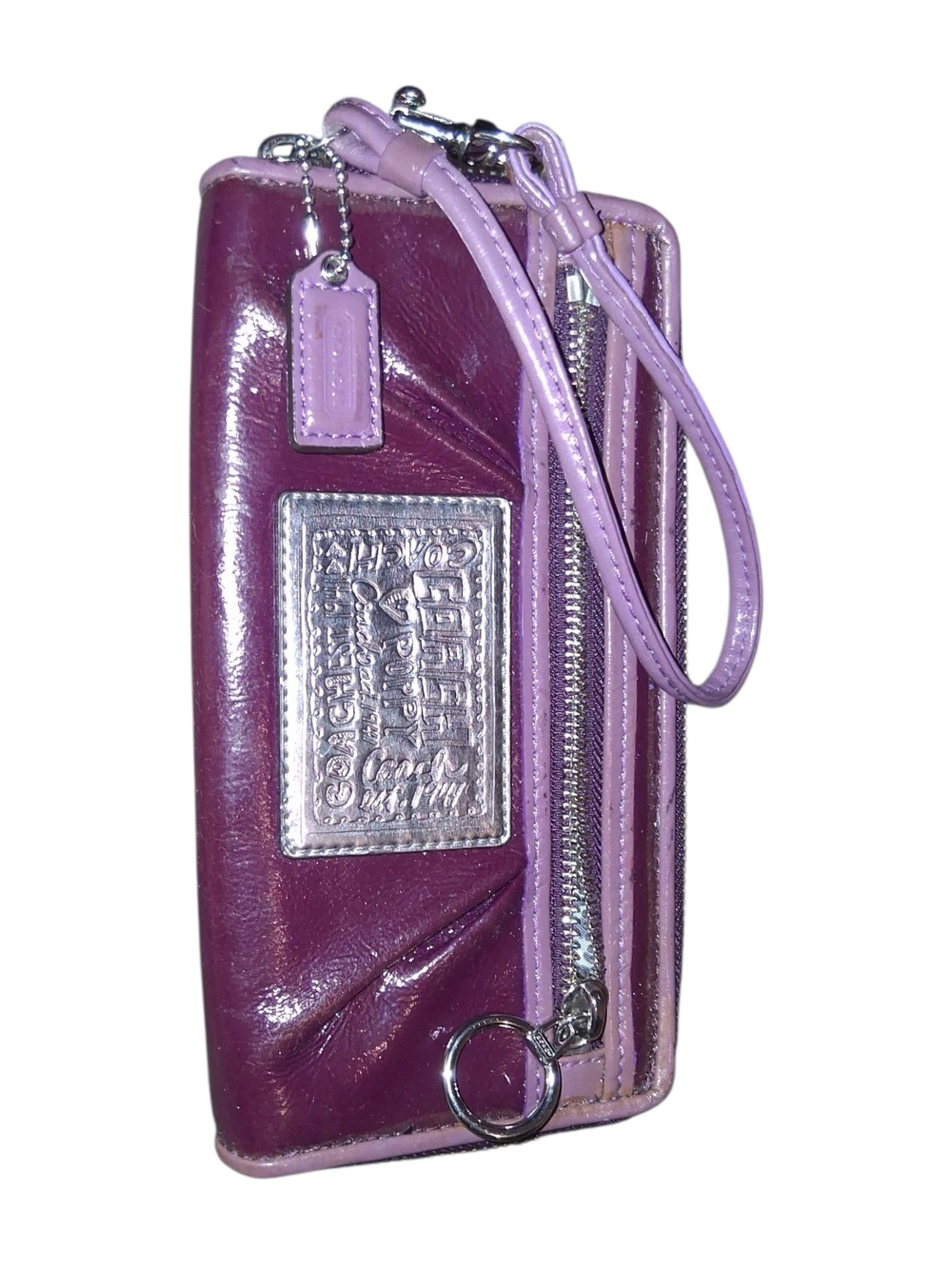 Coach Poppy Purple Patent Leather Zip Around Wristlet Wallet Leopard Lining